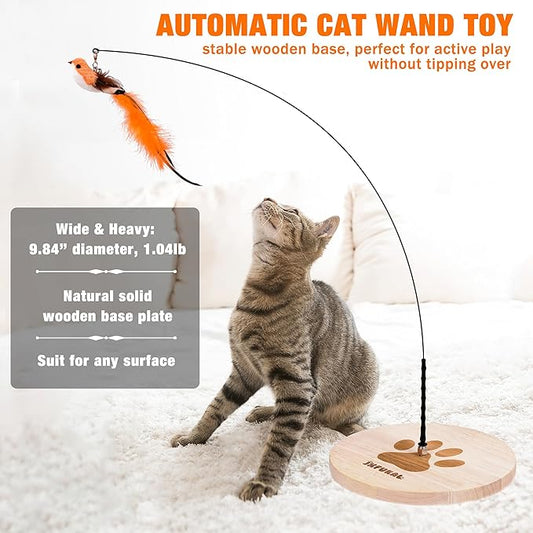 JXFUKAL Interactive cat Toy, Automatic Cat Wand Toy with Stable Wooden Base, 2 PCS Detachable Cat Teaser, 5PCS Refills Replacement & Hanging Cat Toy, Kitty Kitten Toys Cat Feather Spring String Toy