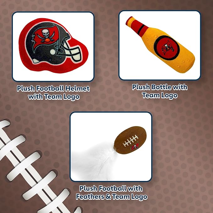 BEST PLUSH CAT TOY - NFL TAMPA BAY BUCCANEERS Complete Set of 3 piece Cat Toys filled with Fresh Catnip. Incld: 1 Helmet Cat Toy, 1 Football Cat Toy with Feathers & 1 Beer Bottle. Beautiful Team LOGOS