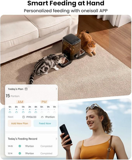 oneisall Wireless WiFi Automatic Cat Feeders 2 Cat, Rechargeable 100-Day Battery Operated Timed Cats Feeder, 20 Cups/5L Cats Food Dispenser Automatic for Large Kibble, Smart App Control.