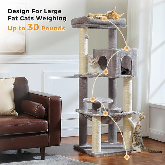 Large Cat Tree for Indoor Cats Large Adult, 57.8" Heavy Duty Cat Tower with Reinforced Scratching Posts (φ3.7in) and Plush Larger Hammock for Maine Coon & Big Cats, Supports 30lbs, Grey