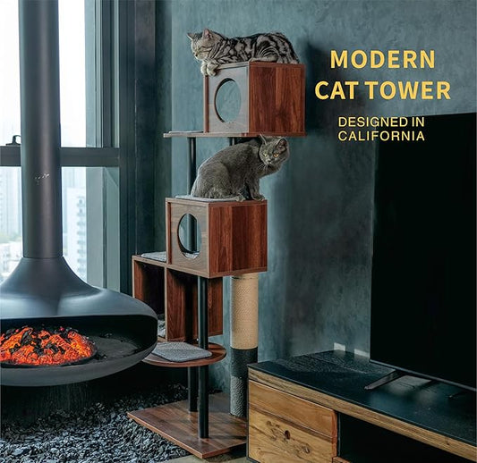 Modern Cat Tree-Sleek Wooden Furniture-Style Tower(60") Blends with Home Decor, Tallest Scratching Post(48"), 3 Cat Condos for Multi-Cat Harmony & Comfort