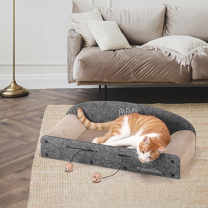 FUKUMARU 26 Inch Cat Scratcher Cardboard Lounge Bed, 2 Reversible Cat Scratch Pads Refill for Indoor Cats, Durable Cats Scratching Boards Extra Large Lounger Bed Sofa Couch with Ball Toy, Grey