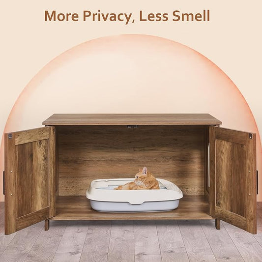 Homhedy Cat Litter Box Enclosure, Wooden Cat Washroom Furniture with Barn Door, Pet House, Fit Most of Litter Box, Rustic Walnut
