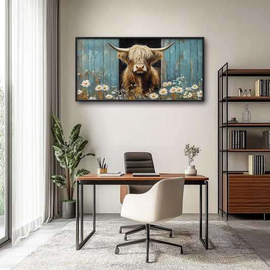 Large Farmhouse Highland Cow Country Wall Art for Living Room, Floral Canvas Oversized Wall Decor, Daisy Flower Animal Framed Pictures Painting Print Artwork for Bedroom Office 60"L x 30"W