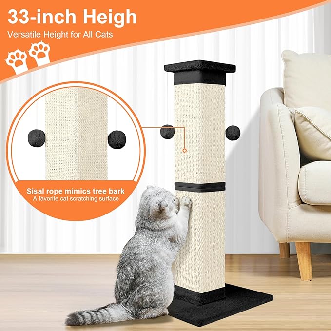 Cat Scratching Post 33 Inch Nature Sisal Cat Scratch Post for Indoor Cats, Large Cat Scratcher Protect Your Furniture, Black