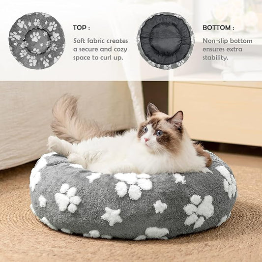 Donut Dog Beds for Small Dogs, Calming Round Cat Beds for Indoor Cats, Cute 3D Textured Paw Pet Bed with Removable Washable Cover and Anti-Slip Bottom(Grey,20")