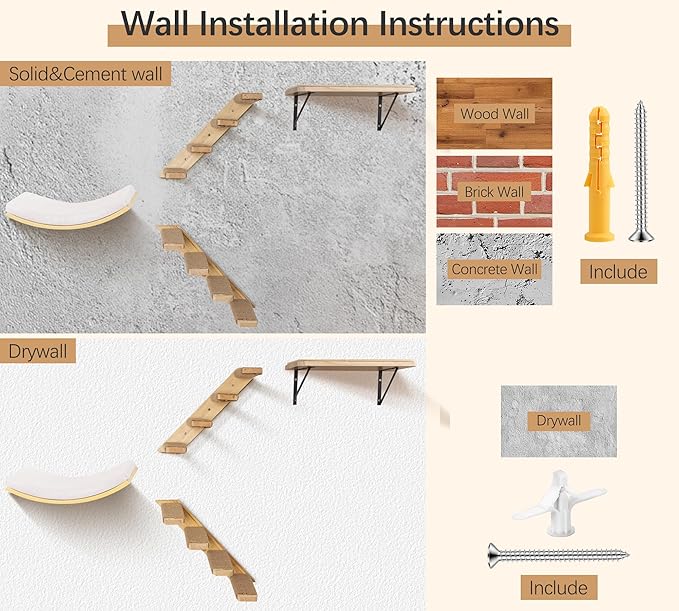 Cat Wall Shelves Set with Sisal Cats Stairs, 4 Piece Wooden Climbing Furniture with Scratchable Curved Bed, Flat Shelf & 2 Cat Wall 4-Steps Ladders