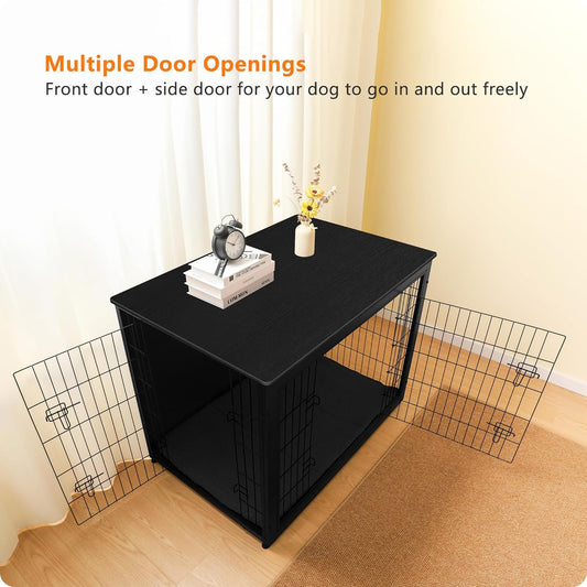 DWANTON Dog Crate Furniture with Cushion, Wooden Kennel Table with Double Doors, Indoor Dog House, Extra Large Size, 43.3" L, Black