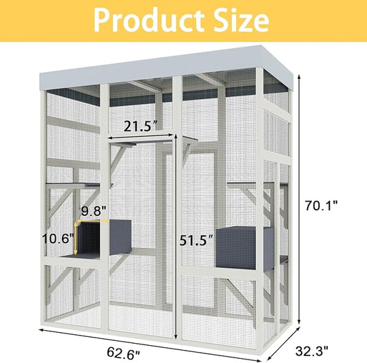 70inch Catio Outdoor Cat Enclosure, Outdoor Catio Condo Enclosure, Wooden Cats Cage, Large Outside Cats House Weatherproof with 5 Platforms and 2 Resting Boxes.