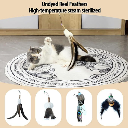 Cat Toy Feather Refills 5PCS with Bell,Clasp - Undyed Natural Cat Wand Refill Attachments Mouse,Feather,Bird for Bored Indoor Cats, Kittens to Chase and Exercise, Include Fishing Line