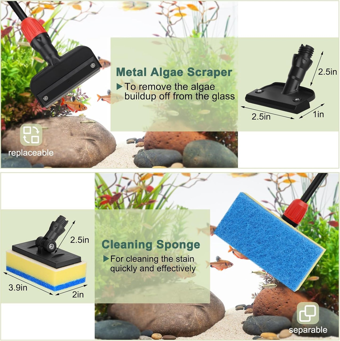 hygger Multi-Use Fish Tank Cleaner, 6 in 1 Aquarium Cleaning Tools Kit with 17.7 Inches Long Handle Algae Scraper Sponge Scrubber Firm Scrub Brush Fish Net Gravel Rake for Acrylic & Glass Tank