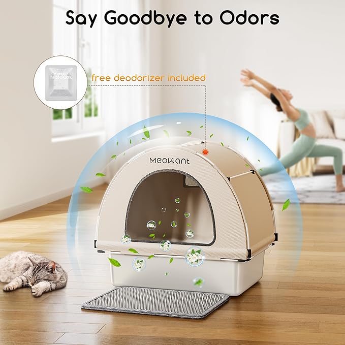 Meowant Stainless Steel Cat Litter Box, Extra Large 3-in-1 Covered Litter Box with High Sided Oxford Fabric Cover & Extendable Litter Scoop, Leakproof, Odor Resistant, Non-Sticky, Easy Cleaning