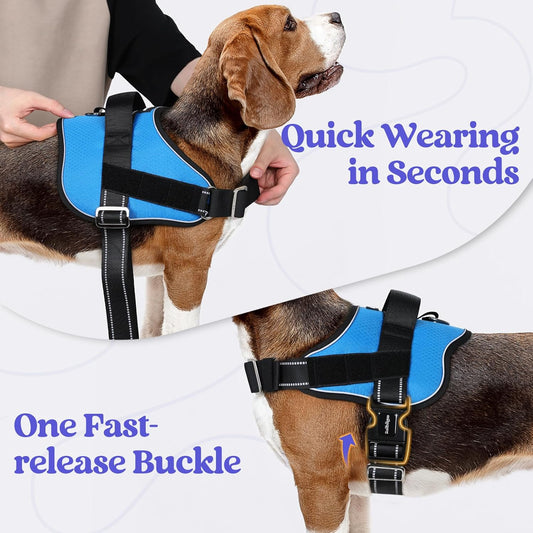 rabbitgoo Dog Harness for Large, Easy On Pet Vest with One Buckle, No Pull Adjustable Service Harness with D-Ring & Handle, Reflective for Safety Walking, Training, Blue, XL