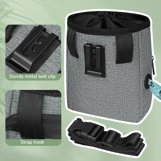 Upgraded large-sized Dog Treat Pouch with waist clip - Fashionable Green&Grey Design - Large Capacity Dog Treat Bag for Dog Walks,Outdoor Activities, Travel and Training - Includes 1 Poop Bags