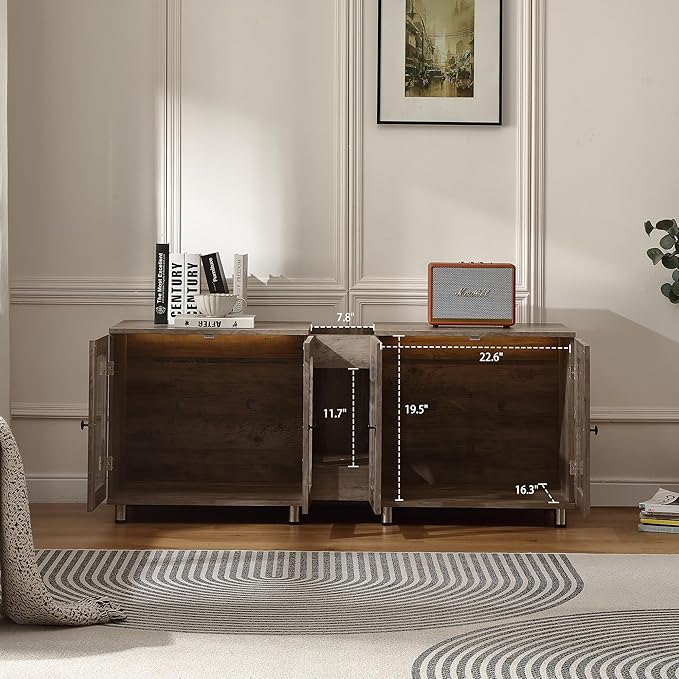 Double Cat Litter Box Enclosure for 2 Cats,Modern Double Litter Box Furniture with 7 Colors LED and Built-in Power Outlet,Large Cozy Cat Home,4 Glass Doors for Better Viewing,Grey