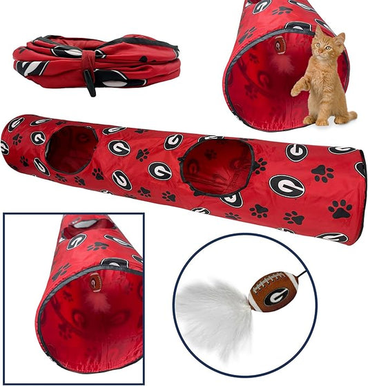 NCAA Georgia Bulldogs Cat Tunnel Tube Toy with Plush Football Catnip and Feathers