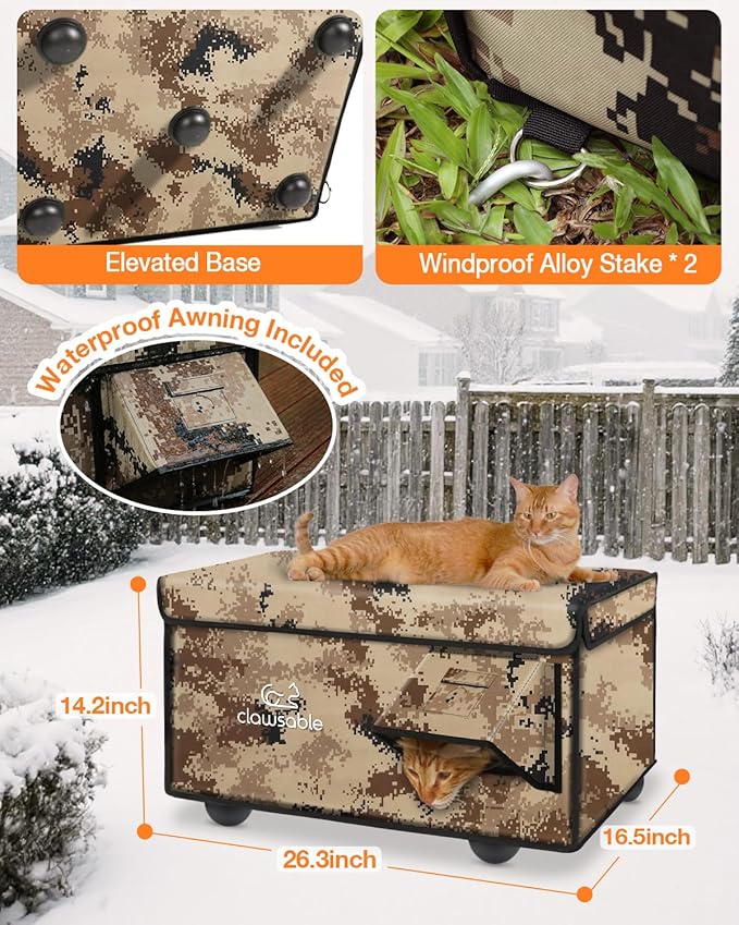 Indestructible Heated Cat House for Outside Cats Winter, 100% Weatherproof, Safe Escape Door, Insulated Outdoor Cat Shelter with Heater for Feral Barn Cat Kitty (Desert Camouflage, 26"x16"x14")