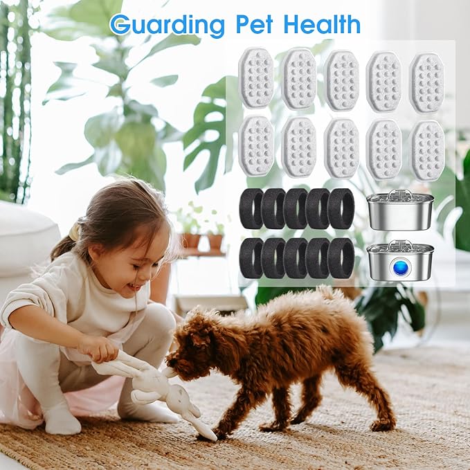 20 Pack Cat Water Fountain Filters-Cat Fountain Replacement Filters for Stainless Steel 3.2L/108oz Adjustable Water Flow Cat Fountain(10 Pack Pet Water Filter Refills+10 Pack Sponges)