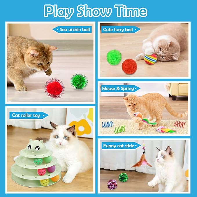 UPSKY 20 PCS Cat Toys - 3-Level Turntable Roller With Balls for Indoor Cats, Kitten Set With Teaser, Mice, Spring, and Various Ball Toys