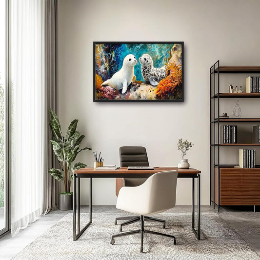 Extra Large Seal Framed Wall Art for Living Room,Oversized Underwater Animal Pictures Wall Decor,Ocean Coral Reef Canvas Print Painting Modern Artwork Bedroom Office Bathroom 36L" x 24W"