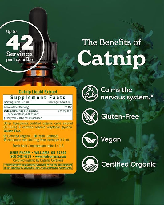 Herb Pharm Certified Organic Catnip Liquid Extract for Calming Nervous System Support, 1 Fl Oz