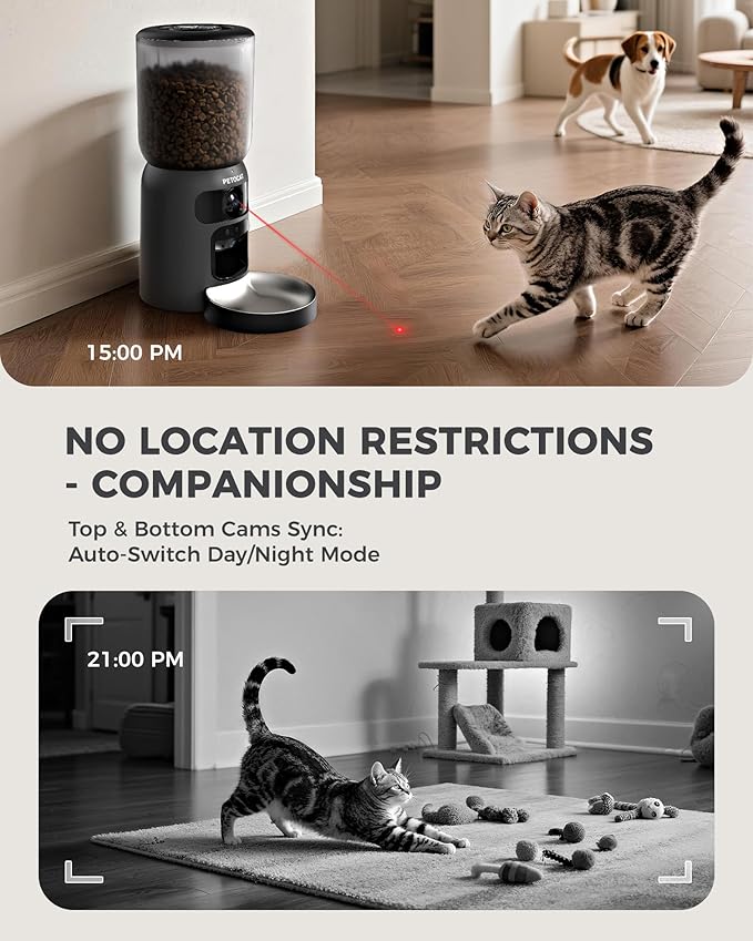 AI Automatic Cat Feeder with Dual Cameras (1 Adjustable), 2K HD Night Vision, 5G/2.4G WiFi, 6L Automatic Pet Feeder with APP Control, Laser Interactive Toy, Two-Way Audio & Scheduled Feeding
