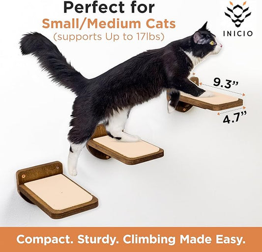INICIO Cat Wall Stairs - Set of 3 Wall Steps for Cats to Climb with Fixtures, 9.3"x4.7" - Floating Steps for Climbing or Playing - for Kittens and Adult Cats, Dark Brown