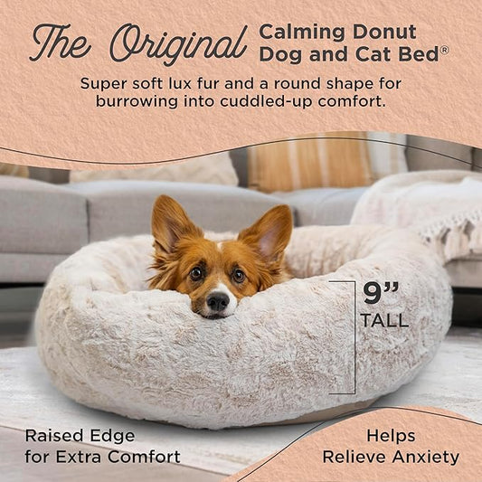 Best Friends by Sheri Original Calming Donut Dog and Cat Bed, Lux Faux Fur, Oyster, (30in x 30in) - Anxiety Relief for Pets Up to 45 lbs