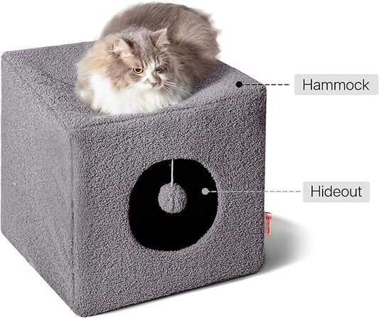 Cat House for Indoor Cats, Fluffy Large Cube Cat Cave Bed, Perfect Hideaway for Multiple Cats & Small Pets, Detachable Sherpa Cover 16 Inches