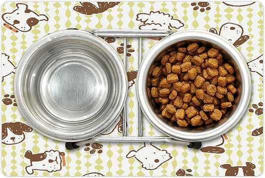 Lunarable Dog Pet Mat for Food and Water, Modern Pattern with Puppy Dogs and Paws Doodle Style Design Pet Animal Print, Rectangle Non-Slip Rubber Mat for Dogs and Cats, White and Green