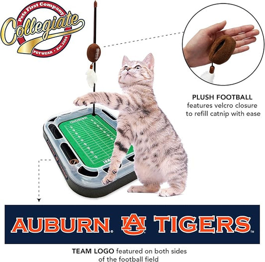 Pets First NCAA Auburn Tigers Reversible Football Field CAT Scratcher Toy with Catnip Filled Plush Football Toy&Feather Cat Toy Hanging with Jingle Bell Interactive Ball Cat Chasing 6-in-1 Kitty Toy