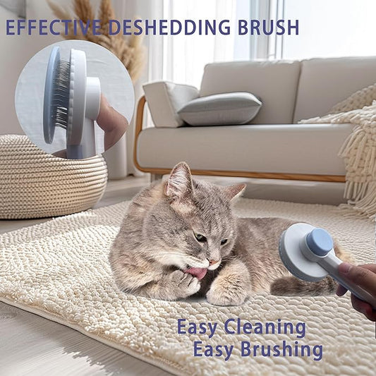 Cat Grooming Brush Kit 6 Tools - Deshedding & Dematting for Long/Short Hair, Self-Cleaning Slicker Brush with 6-in-1 Flea Comb for Cats & Kittens (Blue)