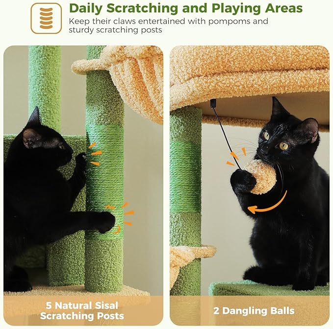 PAWZ Road Tall Cat Tower, 70 Inch Cat Tree with Hammock, 5 Scratching Posts, 2 Condos and a Large Top Perches for Large Cats-Cactus Green
