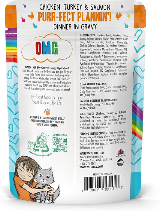 Weruva B.F.F. OMG - Best Feline Friend Oh My Gravy!, Purr-FECT Plannin'! with Chicken, Turkey & Salmon in Gravy Cat Food, 2.8oz Pouch (Pack of 12)