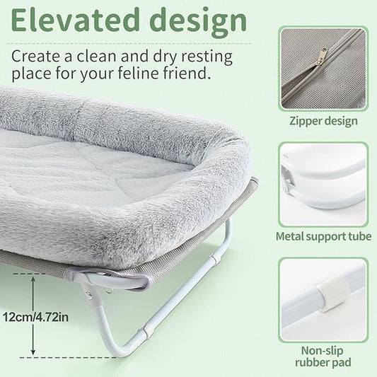 Sunhoo Elevated Cat Bed Foldable Raised Pet Hammock Self-Supporting Puppy Lounger with Off Floor Metal Frame Washable Cover for Small Dog Kitten Indoor Use 25.2x15.75x7.48 in(Grey)