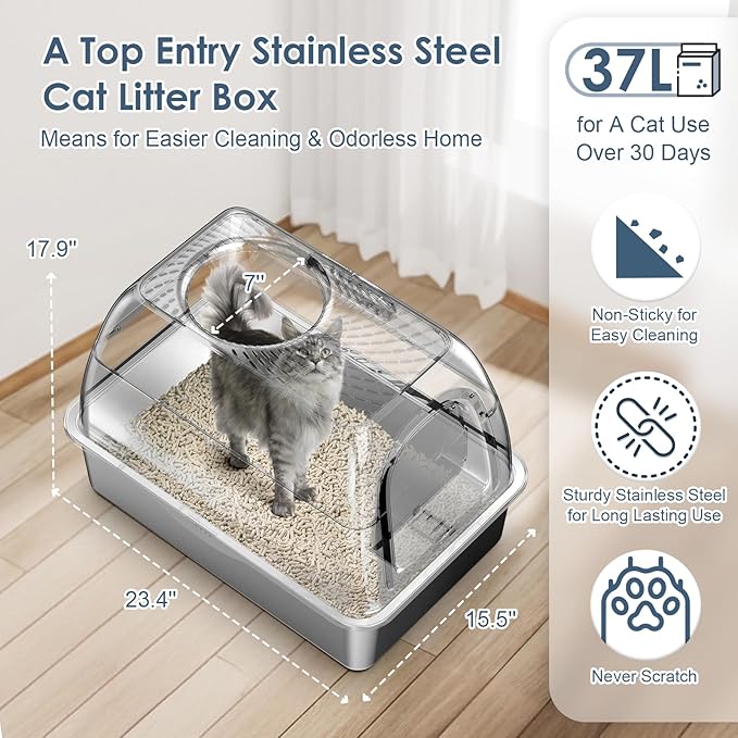 Stainless Steel Top Entry Litter Box with Dog-Proof, Hooded Stainless Steel Litter Box with Filter Lid & Scoop for Low Tracking, Enclosed Cat Litter Boxes for Anti-Leakage Metal Litter Pan