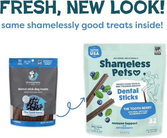 Shameless Pets Toothberry Dental Chews for Dogs – Natural Dog Dental Sticks for Fresh Breath, Teeth Cleaning & Removes Tartar, Grain-Free Dog Treats, No Corn or Soy, 32 Sticks