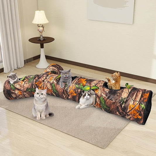 Cat Tunnel,59" Large Y-Shape Cat Cave with 3 Rustle Channels & Leaves, Portable Cat Bed Toy for Indoor Kittens & Small Pets to Chase and Play, Easy Storage (Brown)