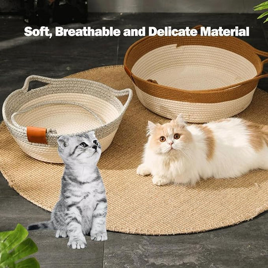 Cutypet Cat Basket, Cuty Pet Basket, Handwoven Cotton Rope Cat Bed, cat Scratch Bed with Built-in Teasing Ball, Breathable & Easy to Clean and Detachable Pad (Brown with Cushion, Large)