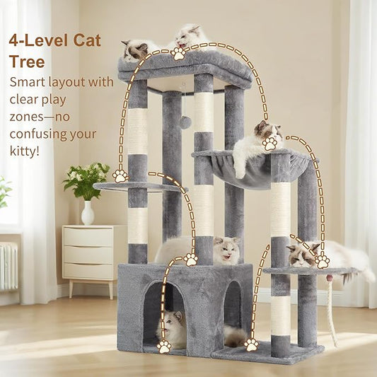 Heybly Heavy Duty Cat Tree, Tower for Indoor Cats large adult, Tall Cat Condo House with Extra-Large Baseboard, Multi-Level Plush Furniture with Scratching Posts, Hammock, Toy Ball, Light Gray HCT026W