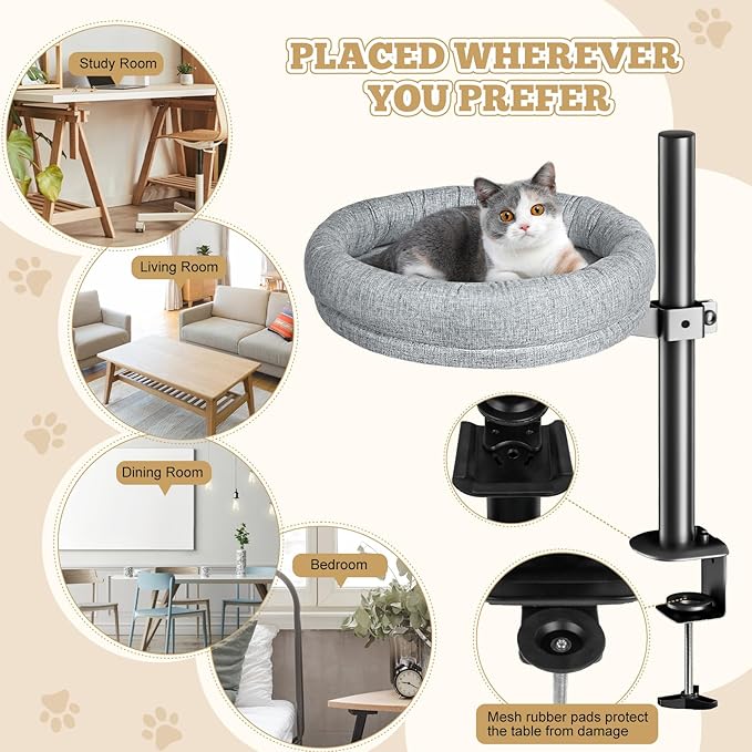 Cat Bed - Desk Cat Nest with 360 Rotation & Adjustable Height - Soft & Comfortable - Indoor Cats Up to 40 lbs (Grey)