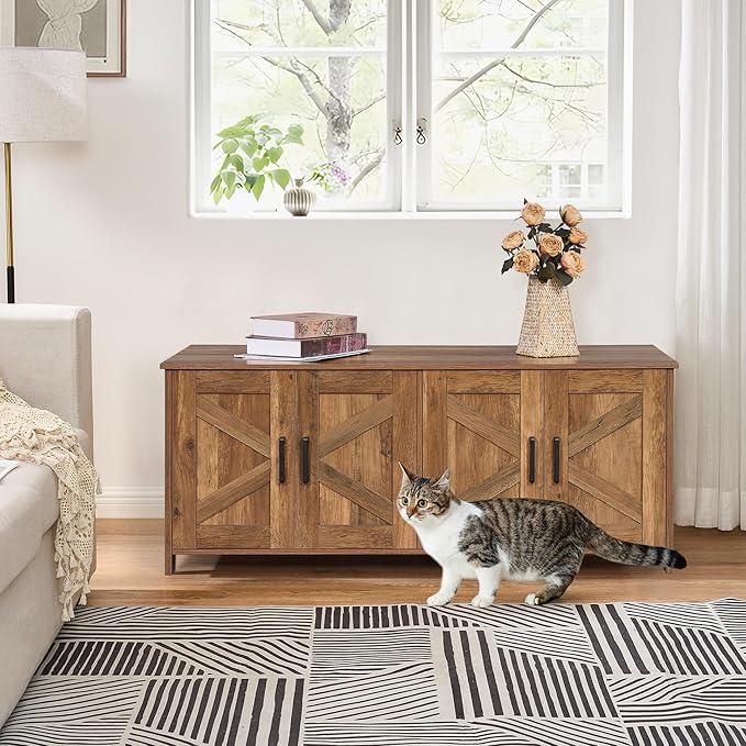 Homhedy Cat Litter Box Enclosure for 2 Cats, Wooden Pet Washroom Furniture with Double Room, Cat House, 47.2”L x 19.7”W x 19.7”H, Rustic Walnut