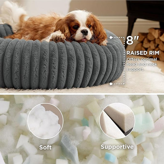 Bedsure Donut Medium Dog Bed - Washable Faux Fur with Corduroy Fleece & Anti Slip Bottom, Round Pet Bed with Removable Cover, Warm Grey, 30x30x8 inches