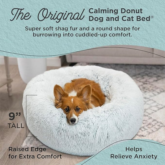 Best Friends by Sheri Original Calming Donut Dog and Cat Bed, Shag Faux Fur, Frost Gray, (30in x 30in) - Anxiety Relief for Pets Up to 45 lbs