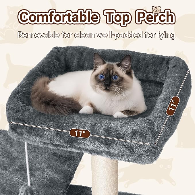 Cat Tree, 54-Inch Cat Tower for Indoor Cats,Plush Multi-Level Cat Condo with Scratching Posts, Basket, Perches,2 Caves,2 Pompoms(Dark Gray)