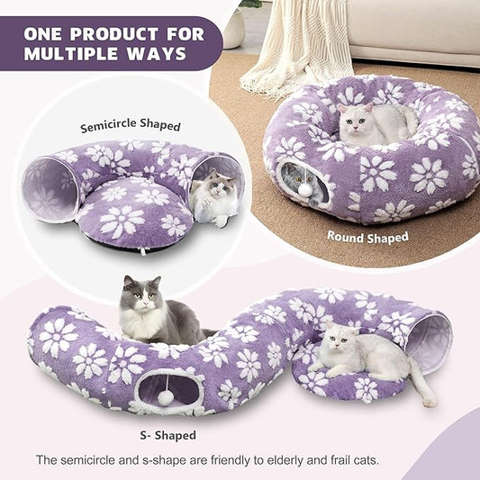 Cat Tunnel for Indoor Cats, Cute Peekaboo Cat Cave with Dangling Balls, Pet Donut Tunnel Bed with Circle Mat for Puppy Kitten Rabbit, Purple