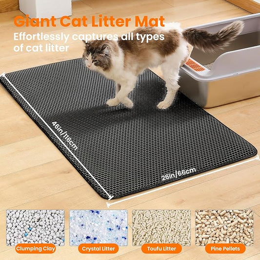 Jumbo Cat Litter Mat, 46x26 Inches Double Layer Honeycomb Litter Trapping Mat, Non Slip Waterproof Urine Proof Extra Large Cat Litter Box Mat, Kitten Supplies and Essentials, XXL, Black