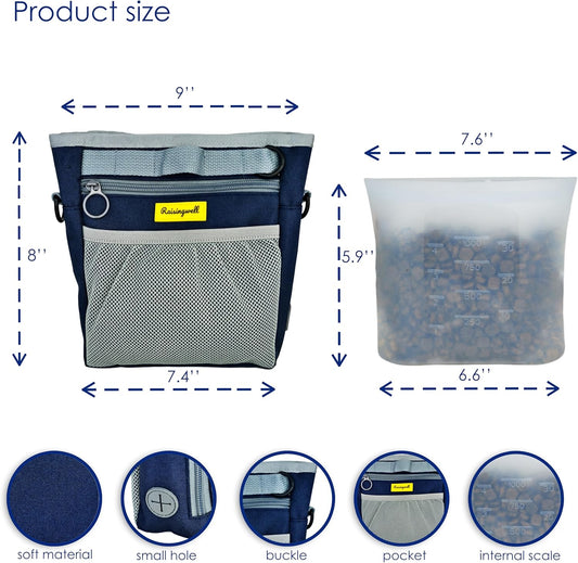 Dog Treat Pouch with Magnetic Closure 4-Cup Silicone Bag Fanny Pack Holder with Clicker 4 Ways to Wear Front Pocket Fits All Phones Ideal for Leash, Pet Walking and Training(Blue)