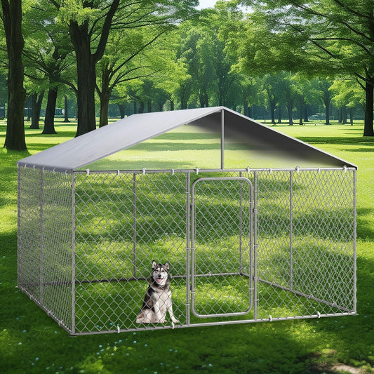 Outdoor Dog Kennel with Cover, Large Dog Run Fence House Big Cage Pen Enclosure, Heavy Duty Dogs Play Cage Pen Kennel (118" L x 118" W x 83" H)