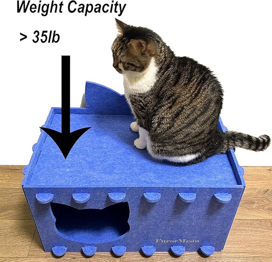 Cat House Cat Ear Design, Large Spacious Cozy Indoor Cat Bed Cave, Scratch Resistant Strong Thick Premium Felt Condo, Fun Hideaway for Multiple Cats, 21.5x13x11.6 inches (Blue)